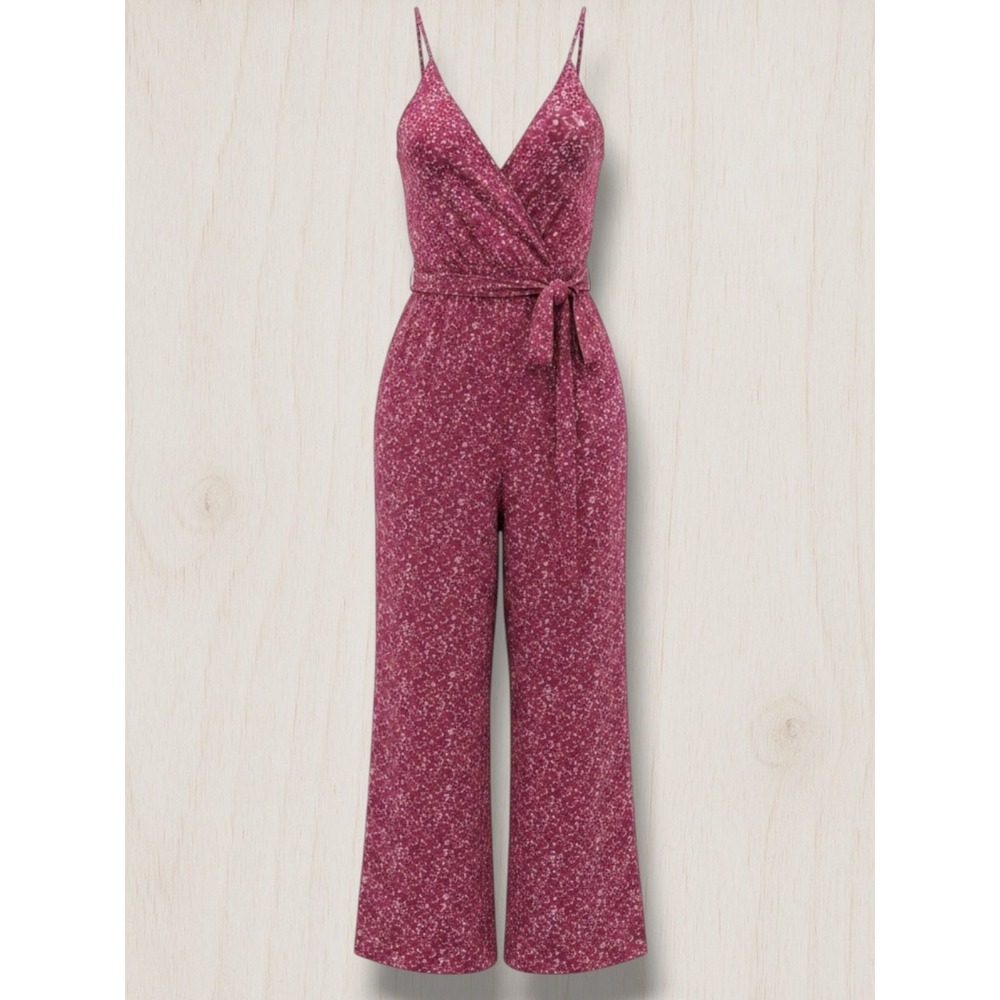 Burgundy White Speckled Print Wrap V-Neck Wide Leg Jumpsuit‎ with Pockets